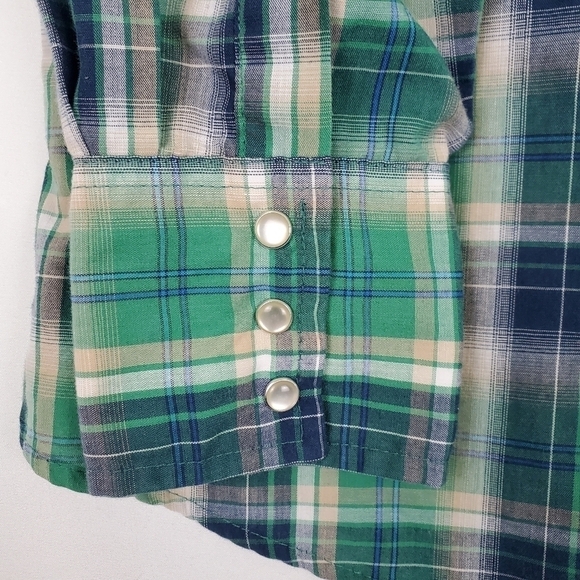 Mens Wrangler Western Fashion Pearl Snap Long Sleeve Blue/Green Plaid Size M - Picture 4 of 5